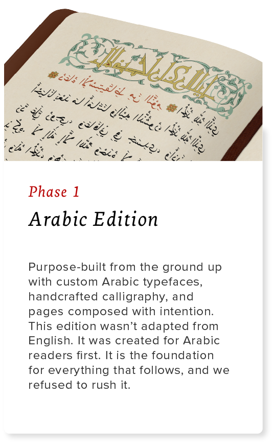 Phase 1: Arabic Edition Purpose-built from the ground up with custom Arabic typefaces, handcrafted calligraphy, and pages composed with intention. This edition wasn’t adapted from English. It was created for Arabic readers first. It is the foundation for everything that follows, and we refused to rush it.